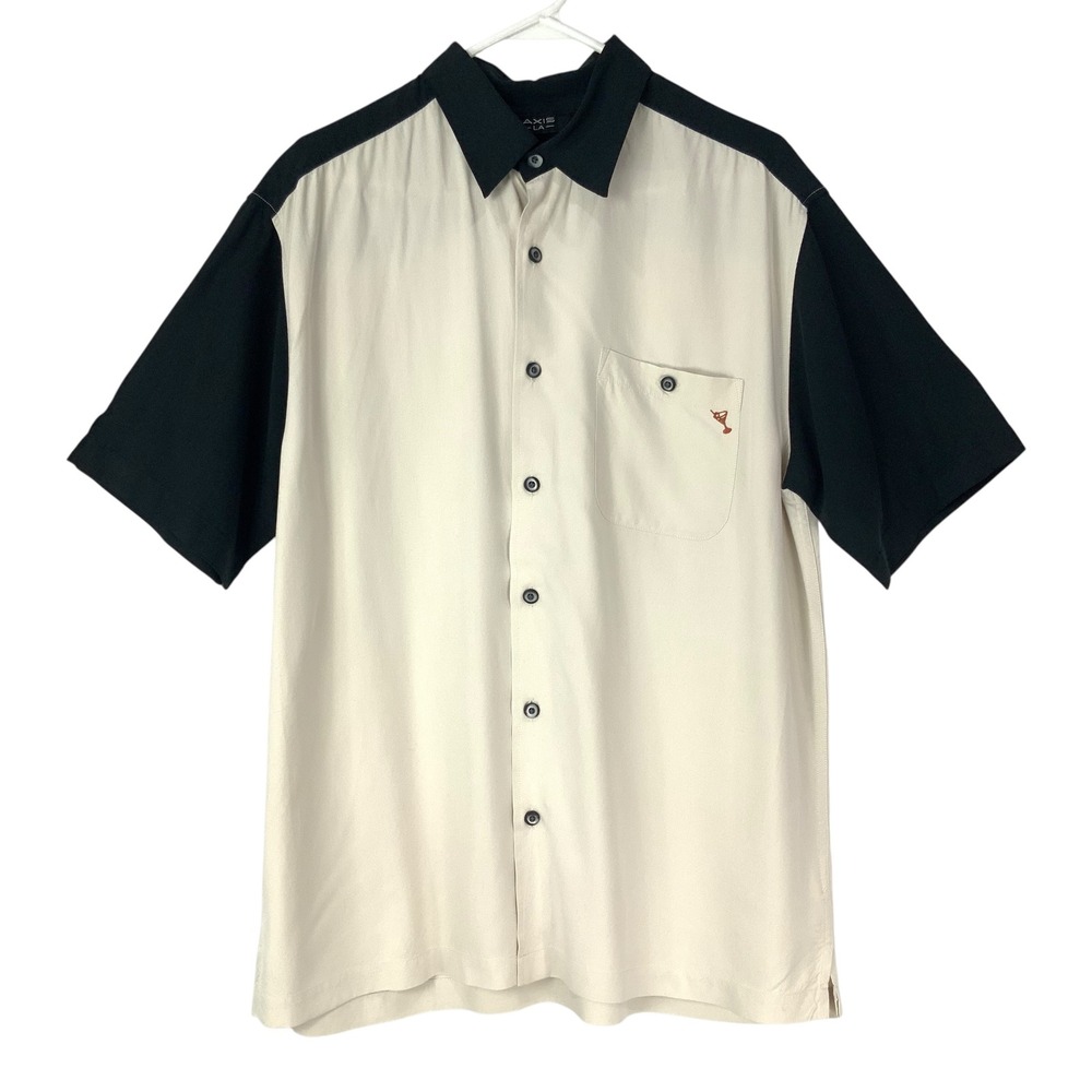 Axis LA Cream Black Silk Bowling Shirt L Button Up Collar Short Sleeve Bartender